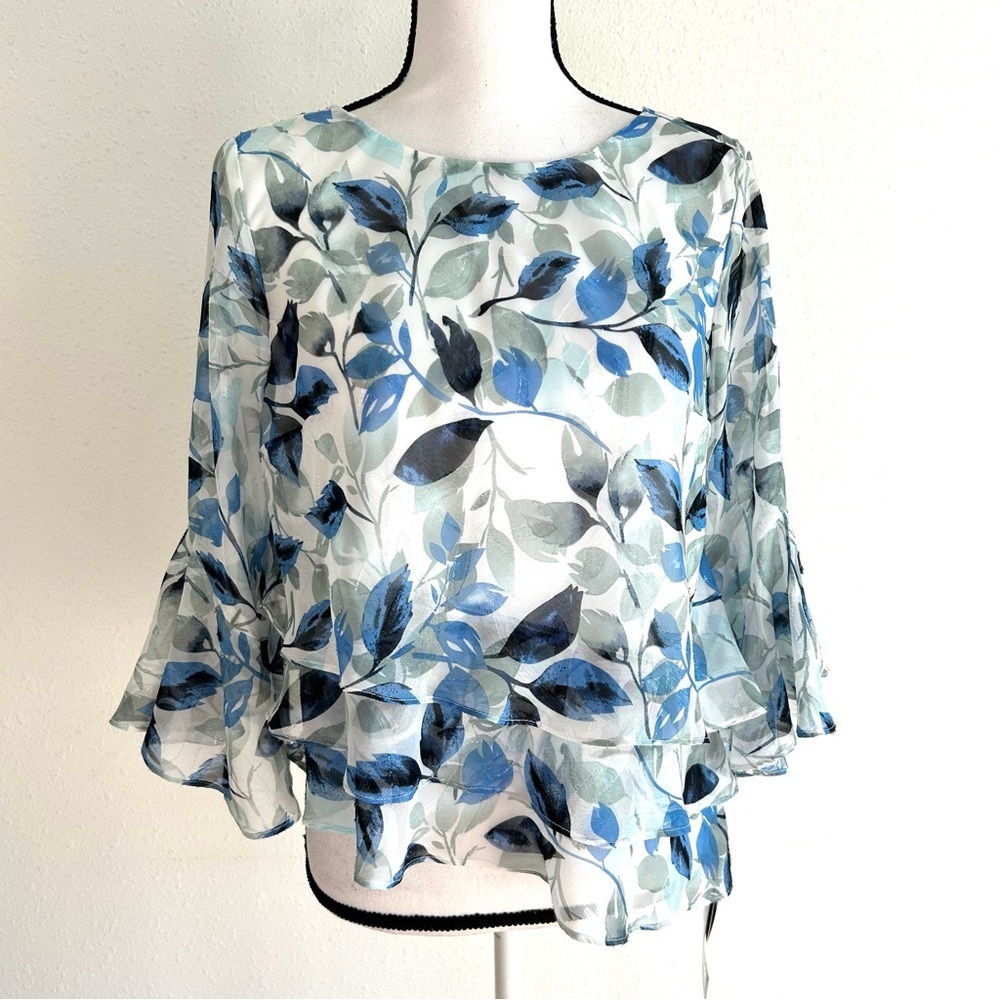 Alex Evenings Chiffon Blouse Petite Size SP Blue Asymmetrical Floral Party